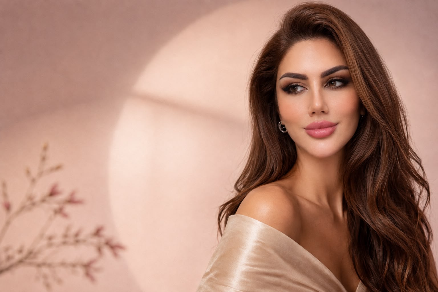 Beauty portrait of a woman with long, glossy brunette hair against a soft blush background.
