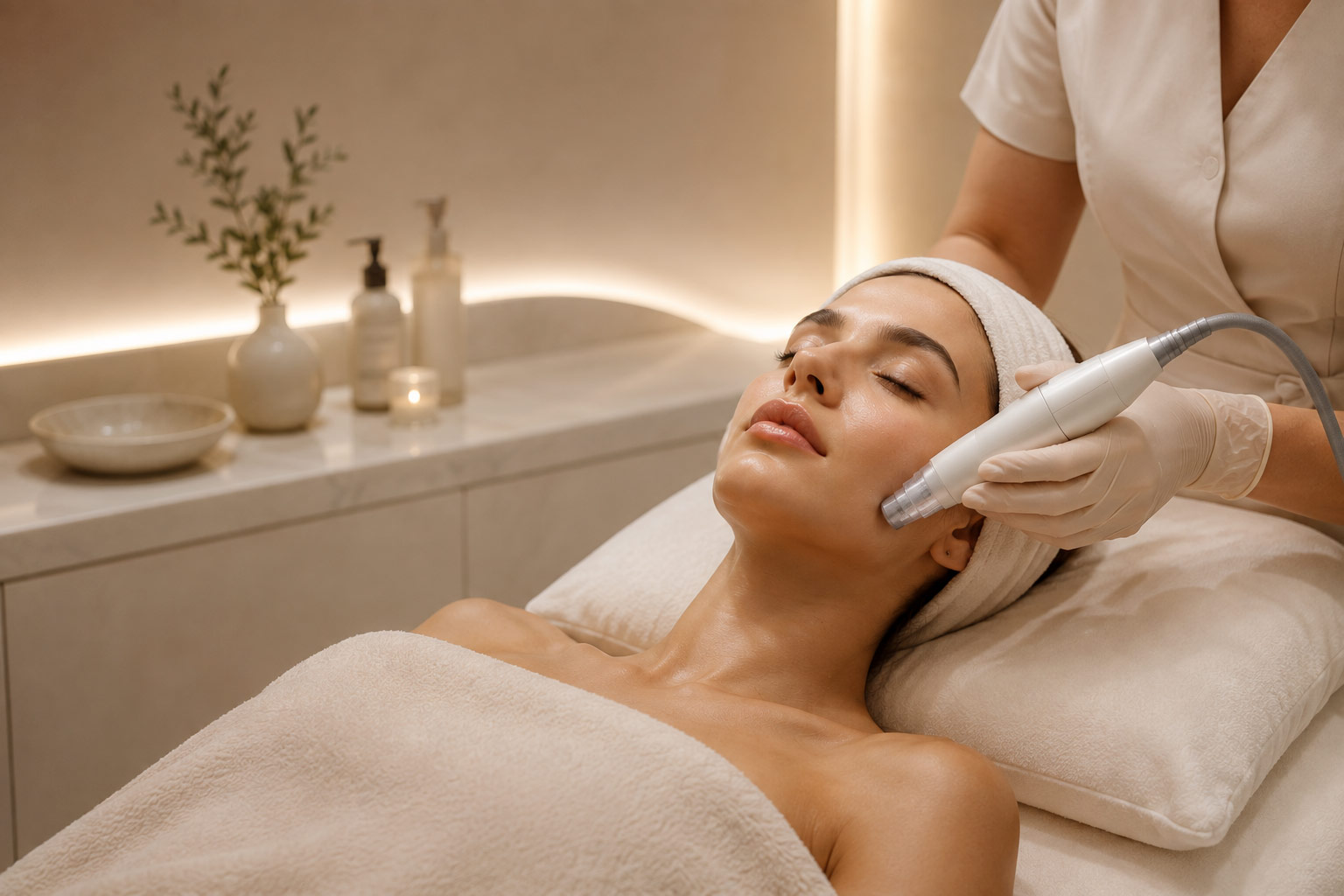 Advanced facial treatment at Chic Salon & Clinic using a handheld skincare device.